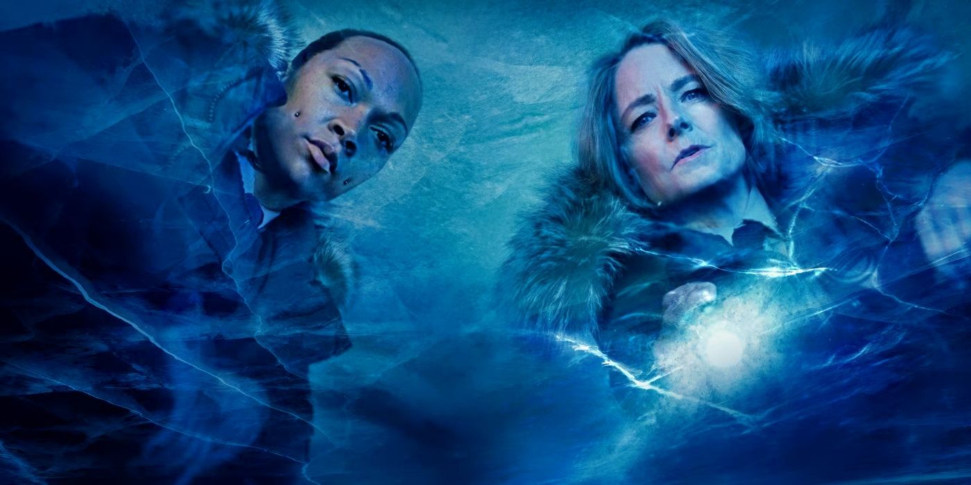 Jodie Foster and Kali Reis looking through a layer of ice in the poster for True Detective: Night Country