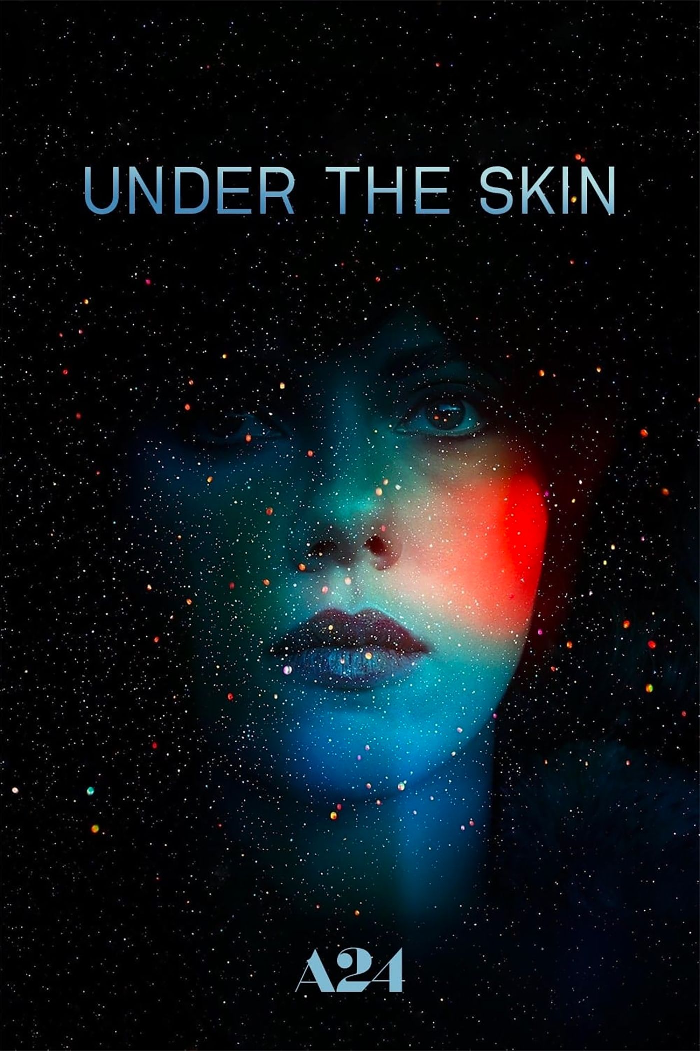 Scarlett Johansson's face overlaid on a starry night in the Under the Skin poster