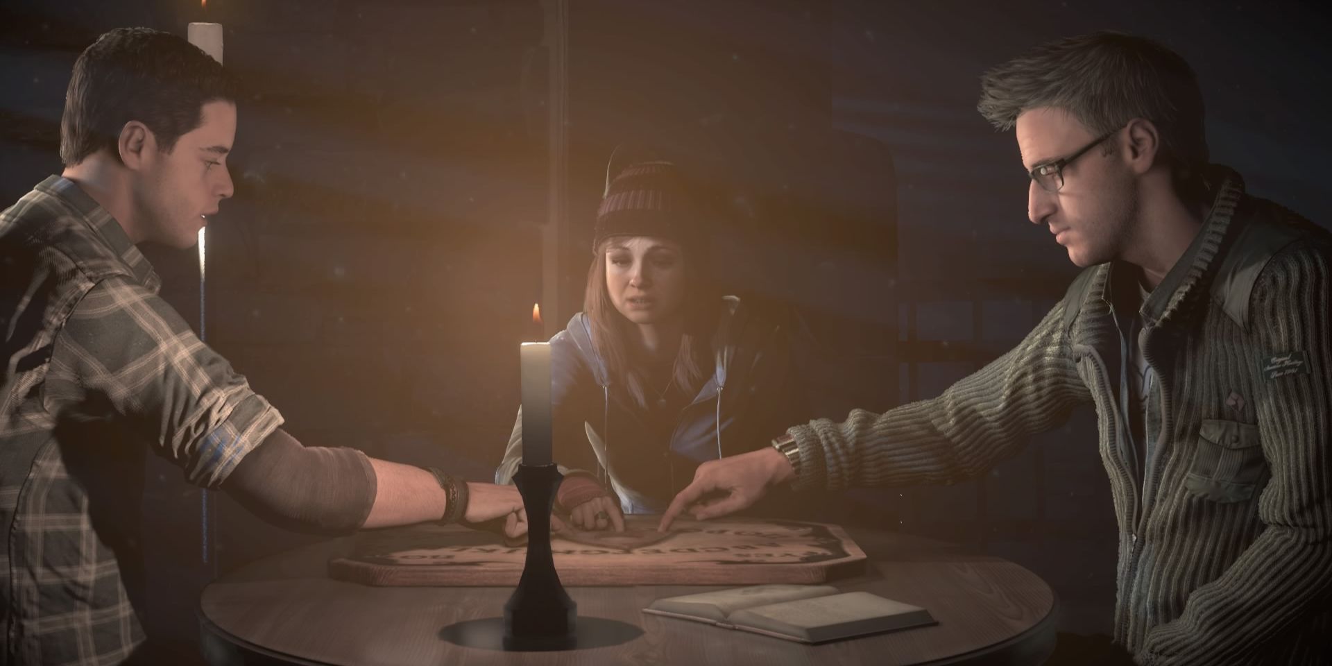 Rami Malek as Josh Washington, Galadriel Stineman as Ashley Brown, and Noah Fleiss as Chris Hartley sitting around a circular table with their fingers on an Ouija board in the video game Until Dawn