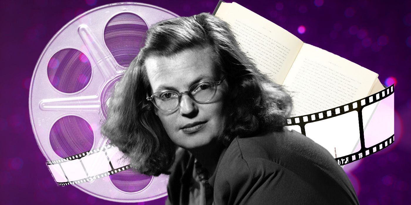 Feature image of Shirley Jackson in front of a film reel and open book.
