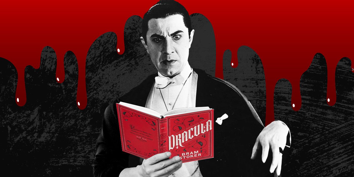 Bela Lugosi as Dracula reading the Dracula book with black and red behind him