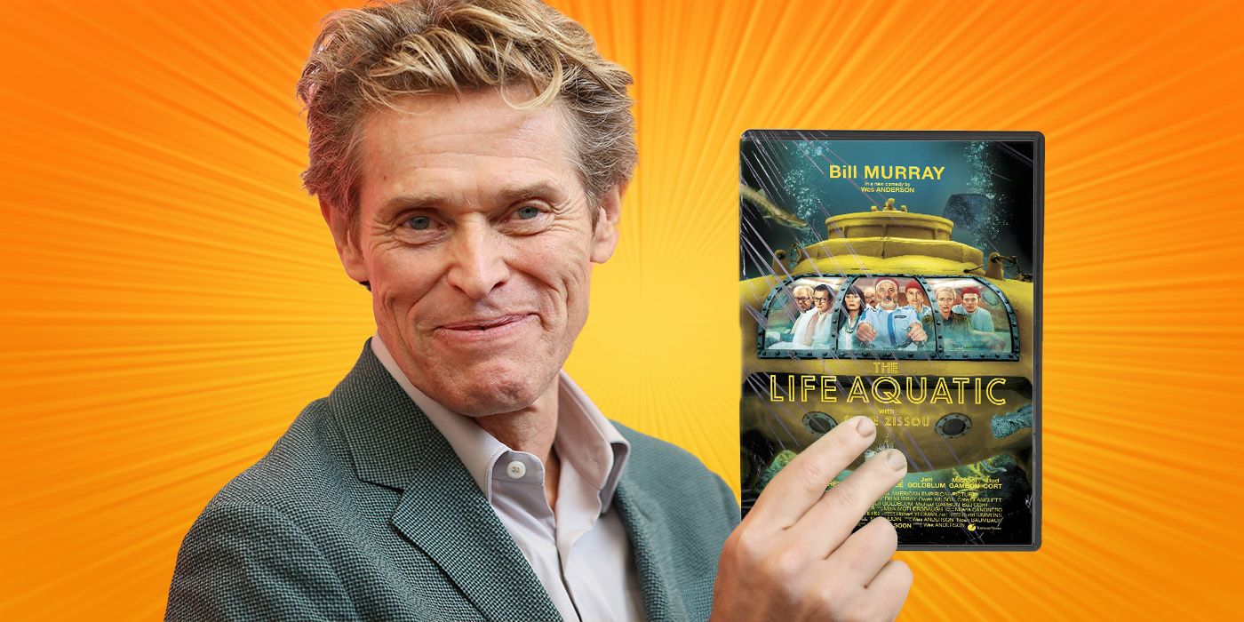 Willem Dafoe holding a DVD of 'The Life Aquatic with Steve Zissou'