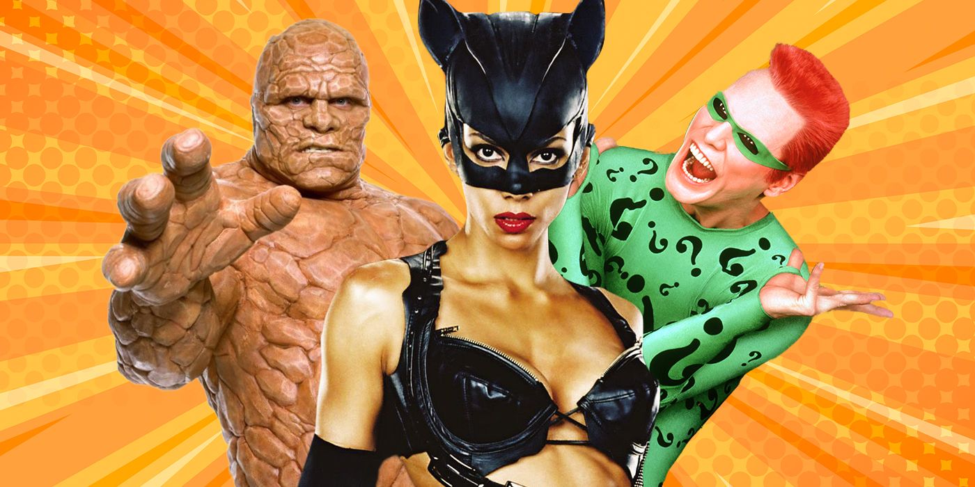 Michael Chiklis as the Thing in Fantastic Four, Halle Berry as Catwoman, and Jim Carrey as The Riddler in Batman Forever in front of an orange background
