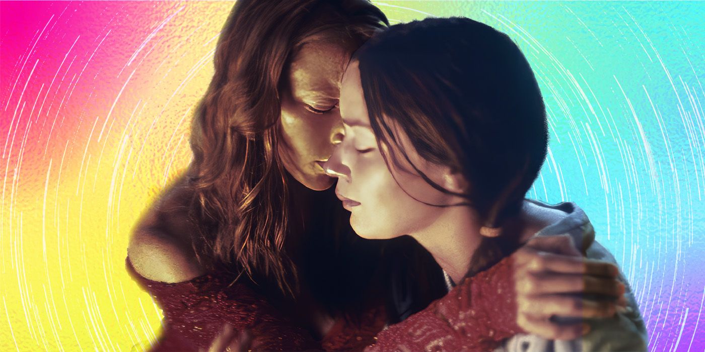 Feature image of Emily Blunt and Natalie Press in front of a rainbow background