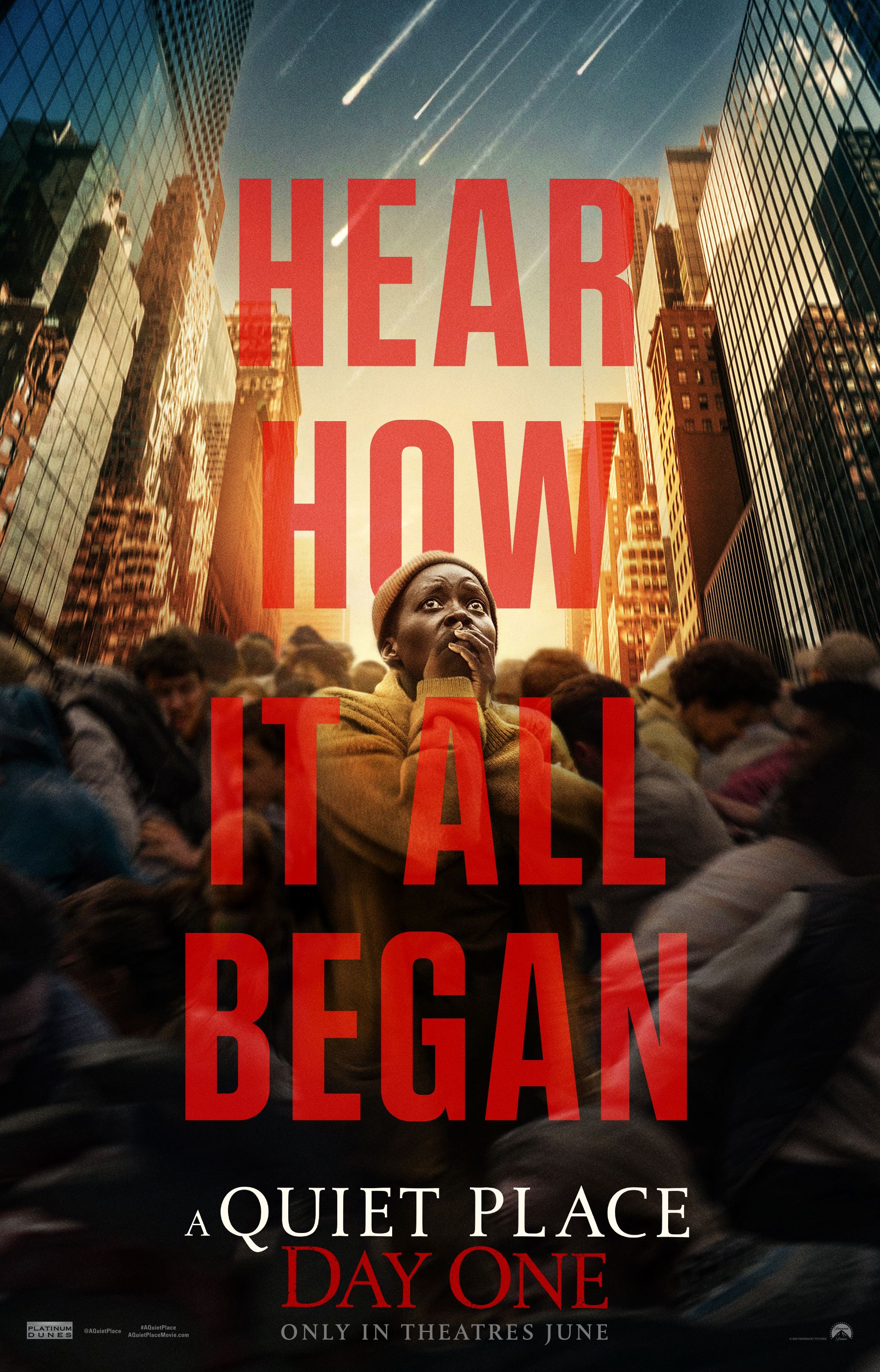Lupita Nyong'o covering her mouth on the first poster for A Quiet Place: Day One
