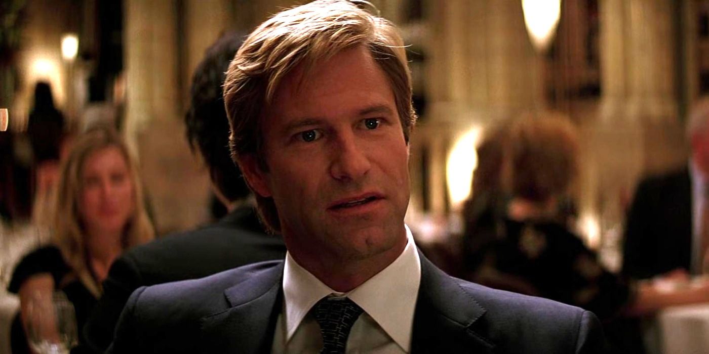 Aaron Eckhart as Harvey Dent, having a conversation in a restaurant, in The Dark Knight