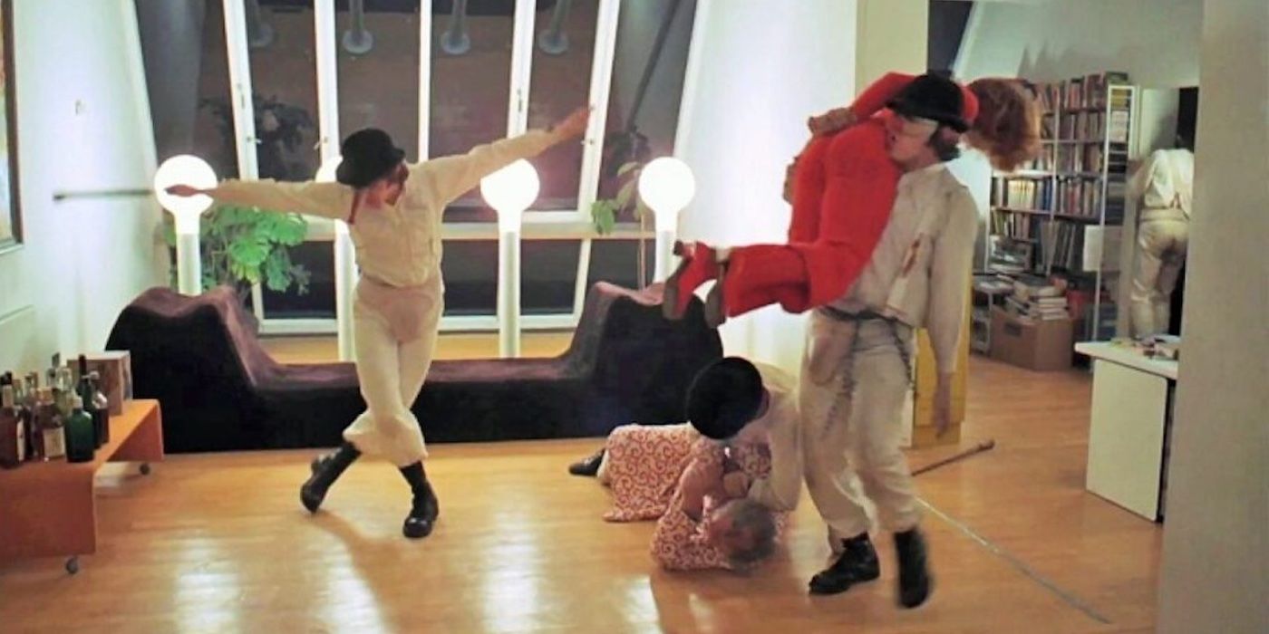 Alex (Malcolm McDowell) and his droogs attack an old man and his wife in &lsquo;A Clockwork Orange&rsquo;