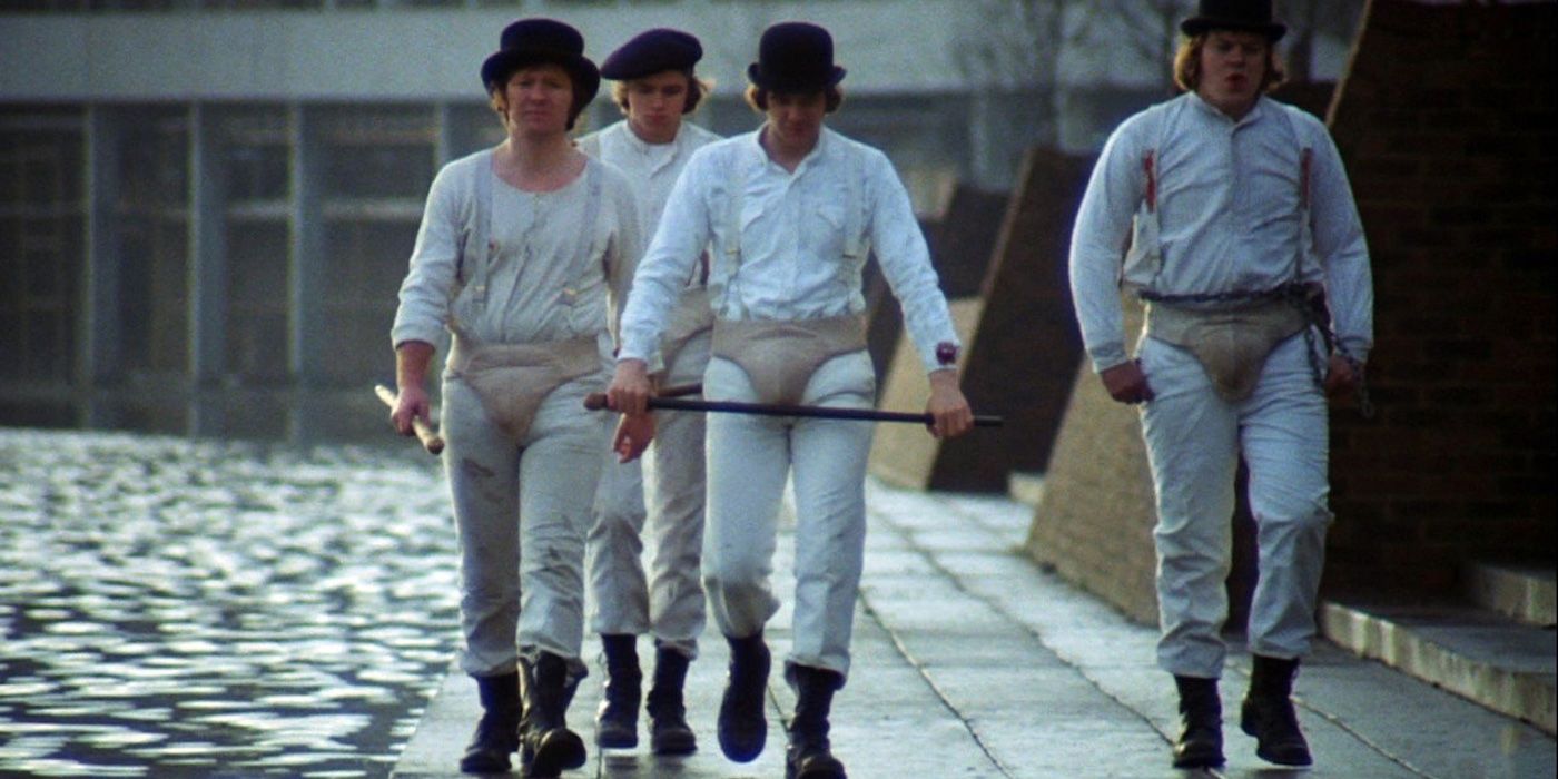 Alex (Malcolm McDowell) and his droogs take to the streets in 'A Clockwork Orange'