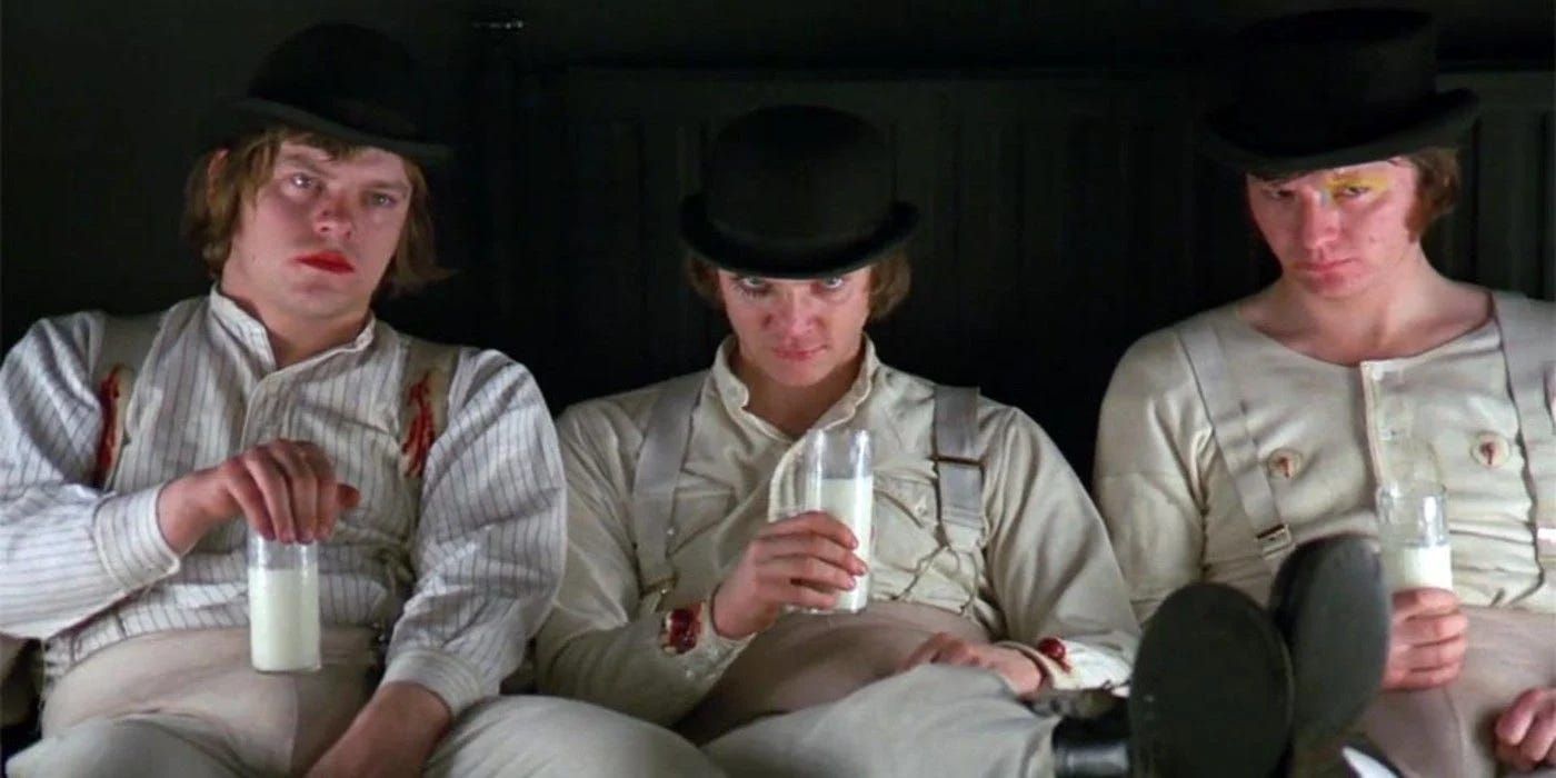 Alex (Malcolm McDowell) and two of his droogs at the milk bar in 'A Clockwork Orange'.