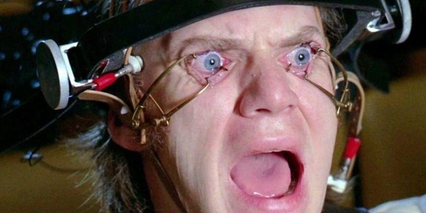 Alex (Malcolm McDowell) screams while his eyes are forced open with two devices in 'A Clockwork Orange'