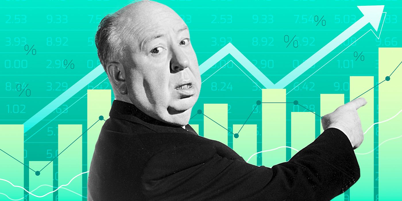 Blended image showing Alfred Hitchcock pointing at a chart