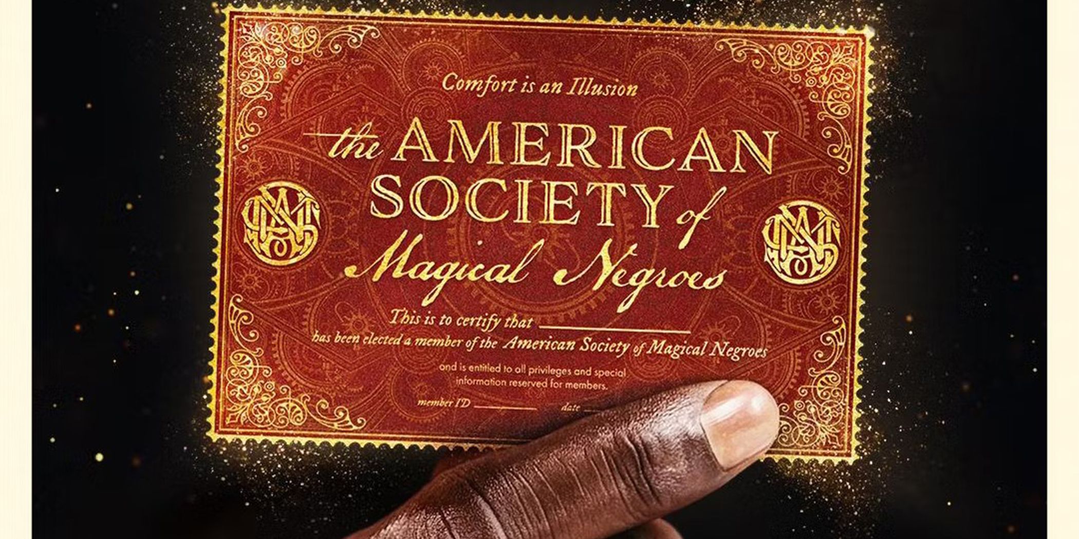 Image of someone holding up a business card from the poster for The American Society of Magical Negroes