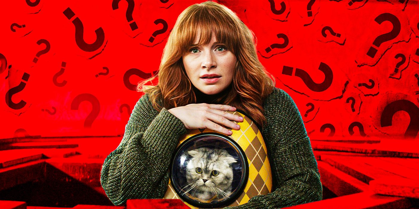 Bryce Dallas Howard hugs her argyle bag holding Alfie the cat as question marks surround them.