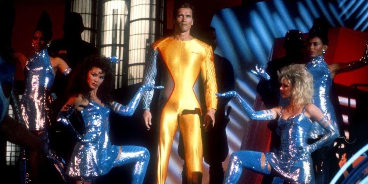 Arnold Schwarzenegger getting shown off in 1987's The Running Man