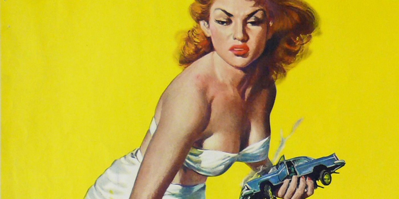 A pin-up illustration of a giant woman holding a car on the cover of Attack of the 50 Foot Woman