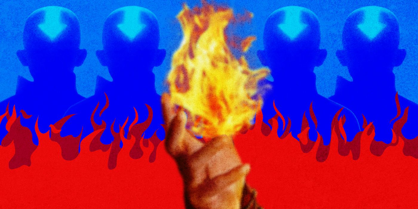 A Firebender holding flame in their hand against a backdrop of red flame and four blue images of Aang