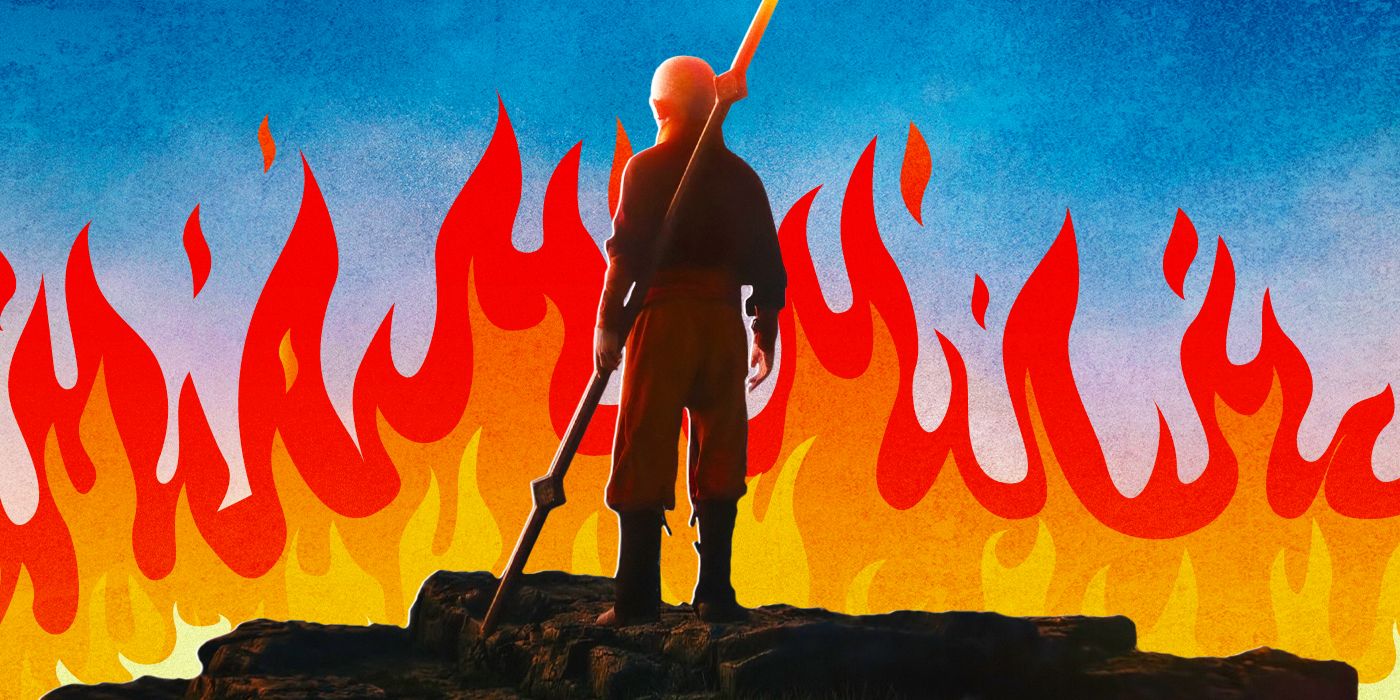 Aang standing with his back to the camera and holding his staff in his left hand, with red and oange flames dancing in front of him