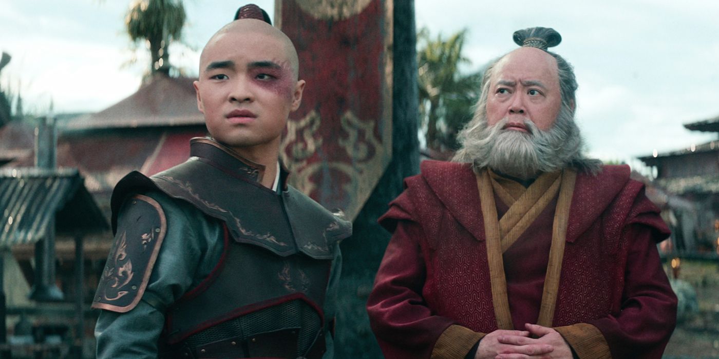 Paul Sun-Hyung Lee as Iroh and Daniel Liu as Zuko standing together in Avatar: The Last Airbender
