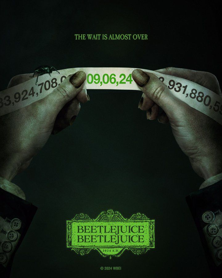 Beetlejuice 2 poster of rotted hands holding a sheet of numbers