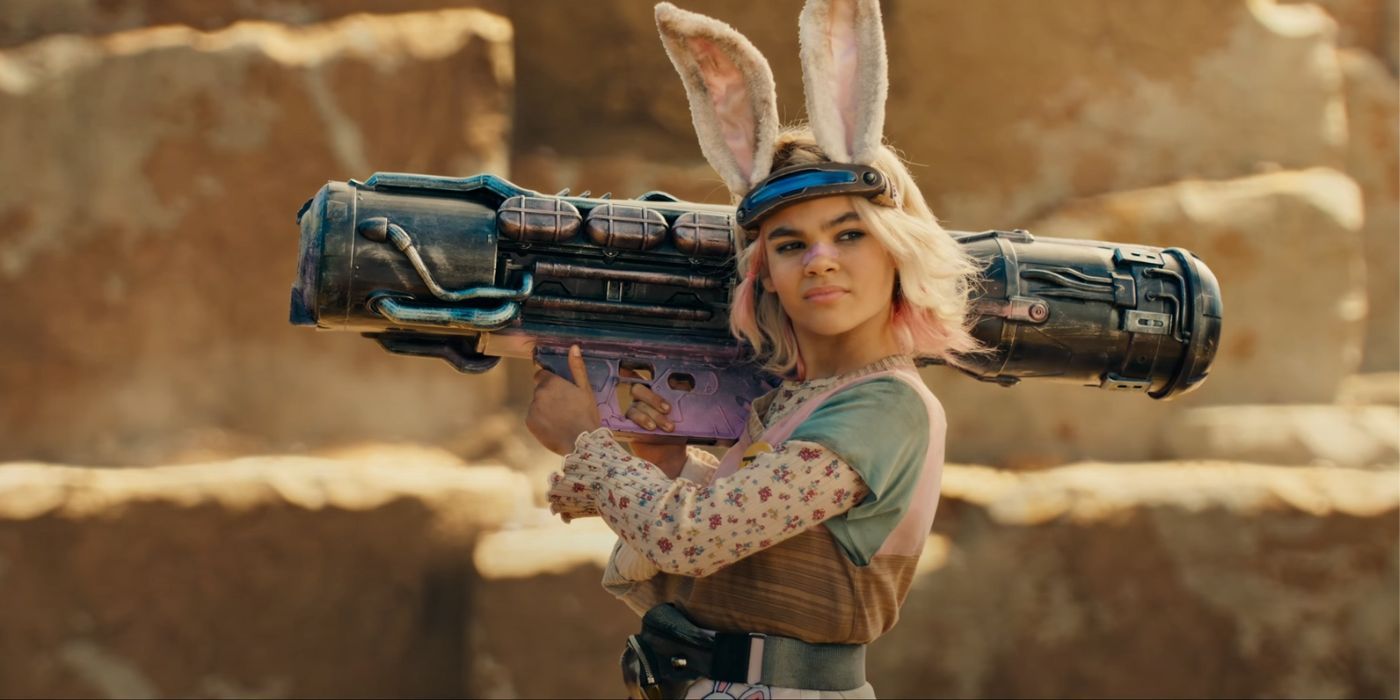 Tiny Tina holding a bazooka in the desert and turning to her left in Borderlands.