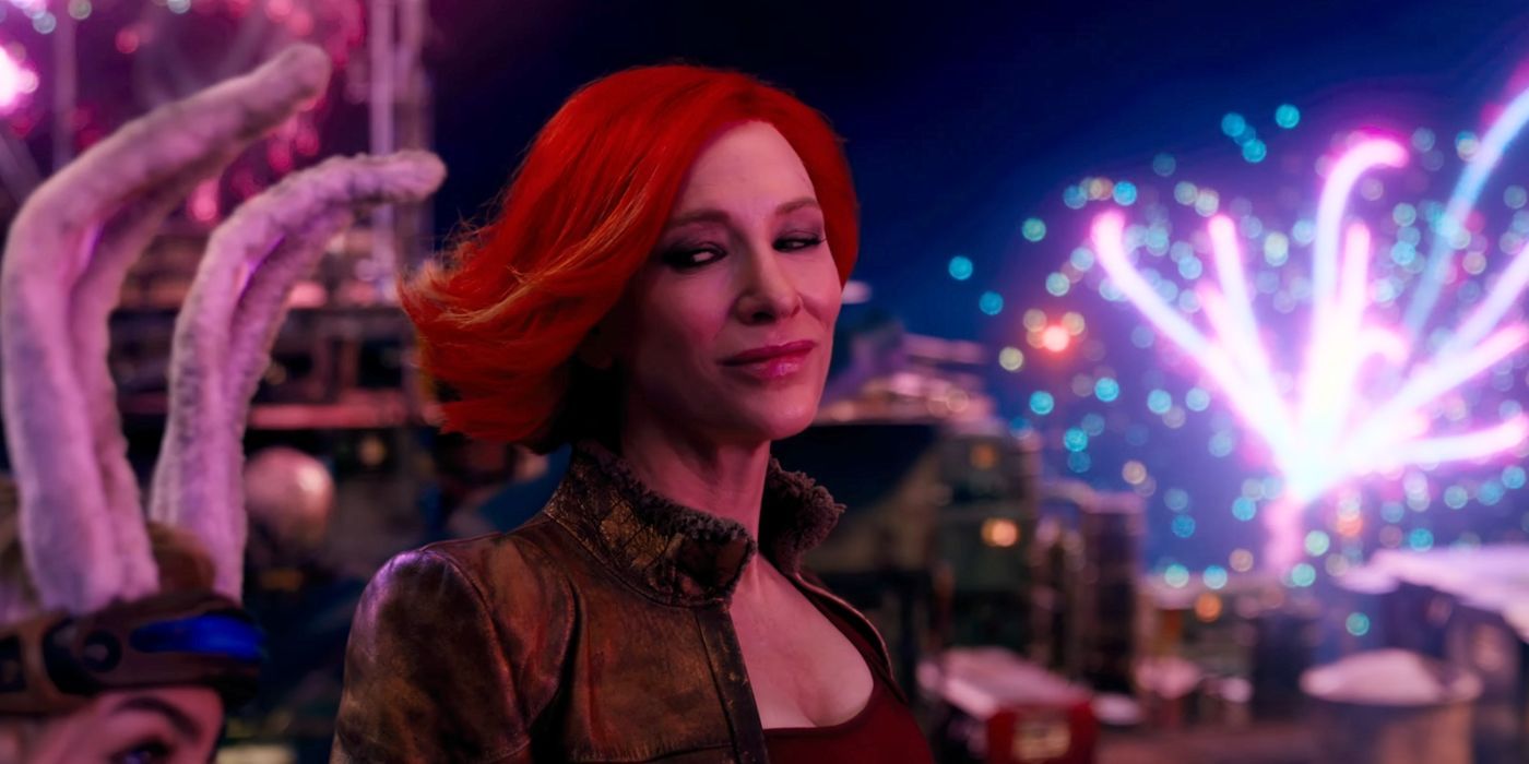 Cate Blanchett as Lilith smirking with fireworks going off in the background in Borderlands.