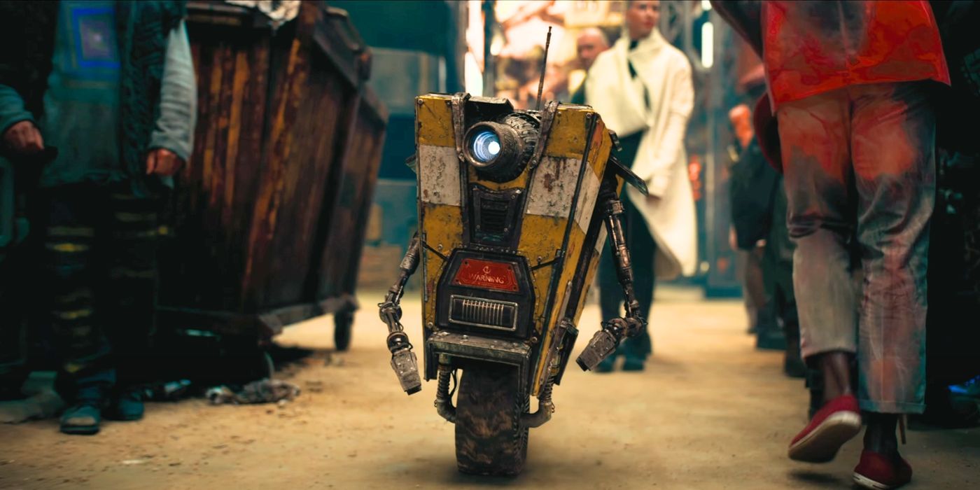 Claptrap, a tiny robot voiced by Jack Black, roams the streets in Borderlands.