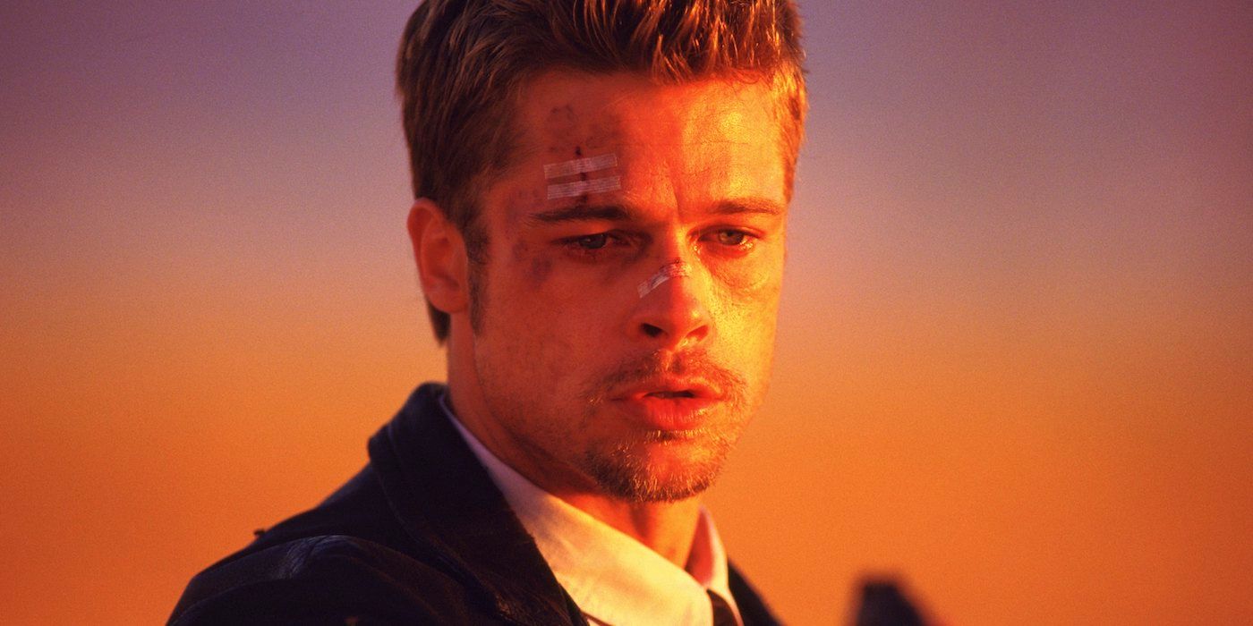 Close up of Detective Mills (Brad Pitt) with bandages on his face in Seven