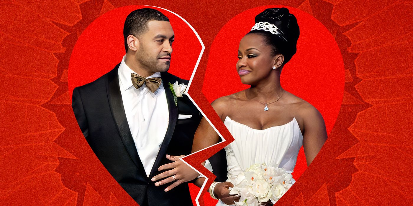 Apollo Nida and Phaedra Parks smile at one another with broken heart surrounding them