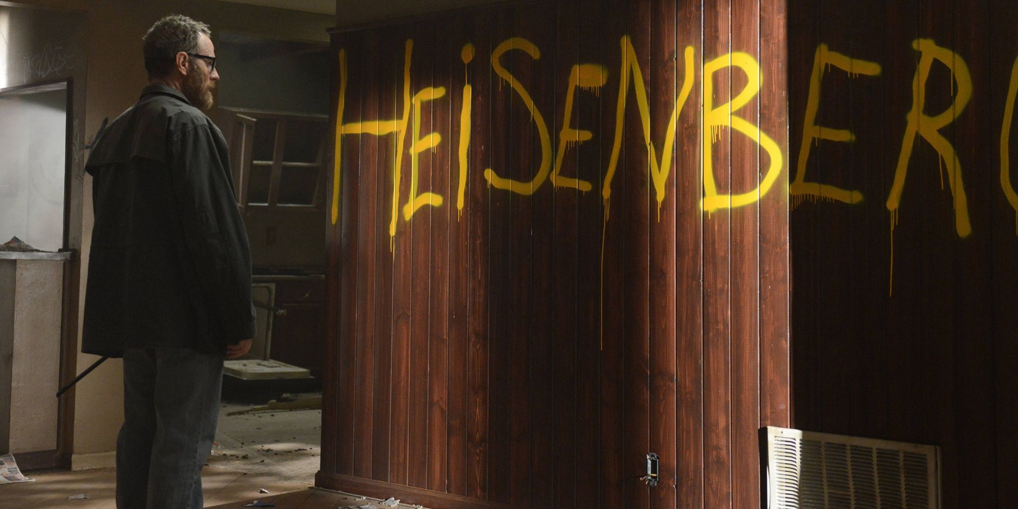Walter White (Bryan Cranston) looks at Heisenberg spray paint in Breaking Bad 'Blood Money'