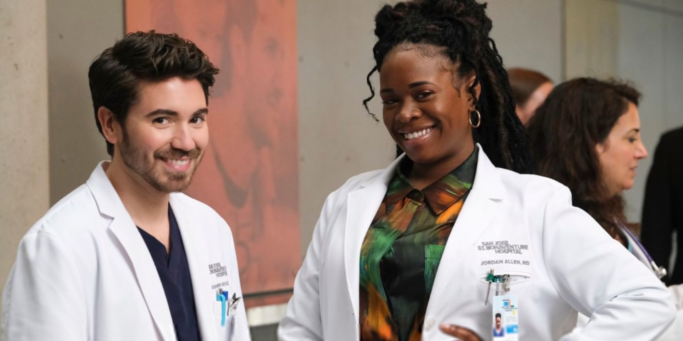 Bria Henderson and Noah Galvin as Dr. Jordan Allen and Dr. Asher Wolke next to each other in still from 'The Good Doctor' Season 7