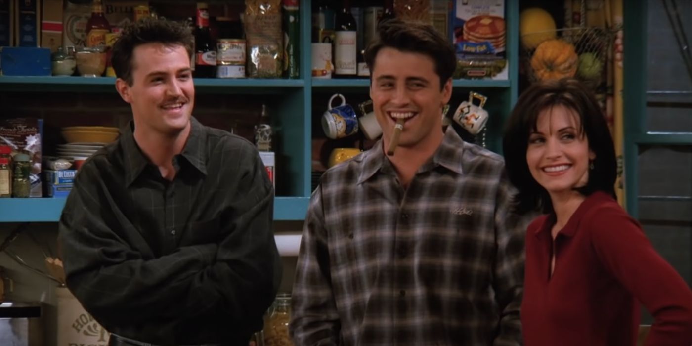 Matthew Perry, Matt LeBlanc, and Courteney Cox on Friends. 