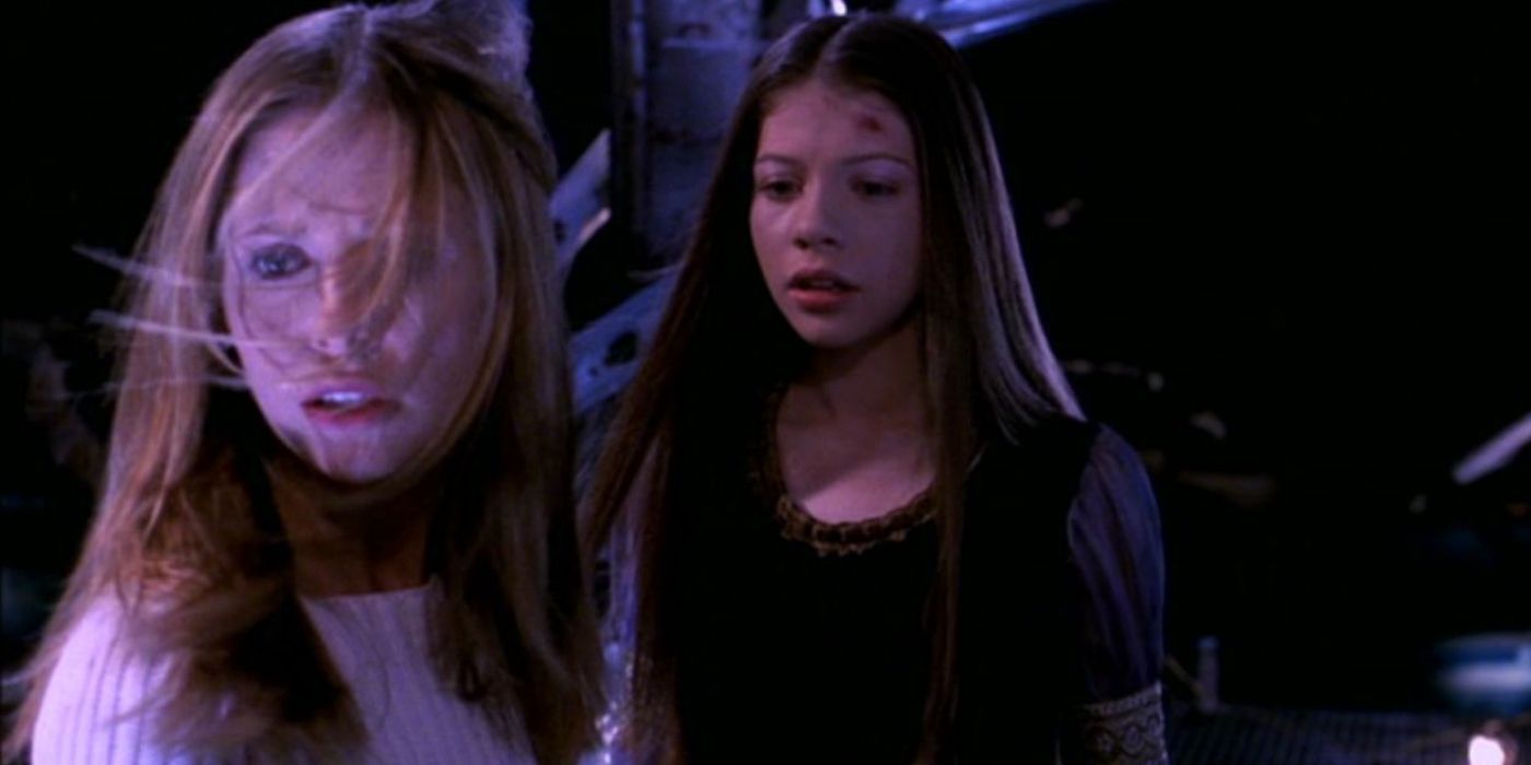 Buffy with a determined look on her face, turns away from her sister Dawn in Buffy the Vampire Slayer.