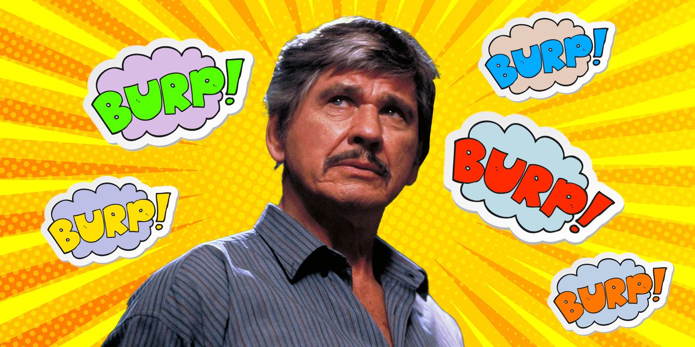A custom image of Charles Bronson surrounded by five cartoon speech bubbles that say 