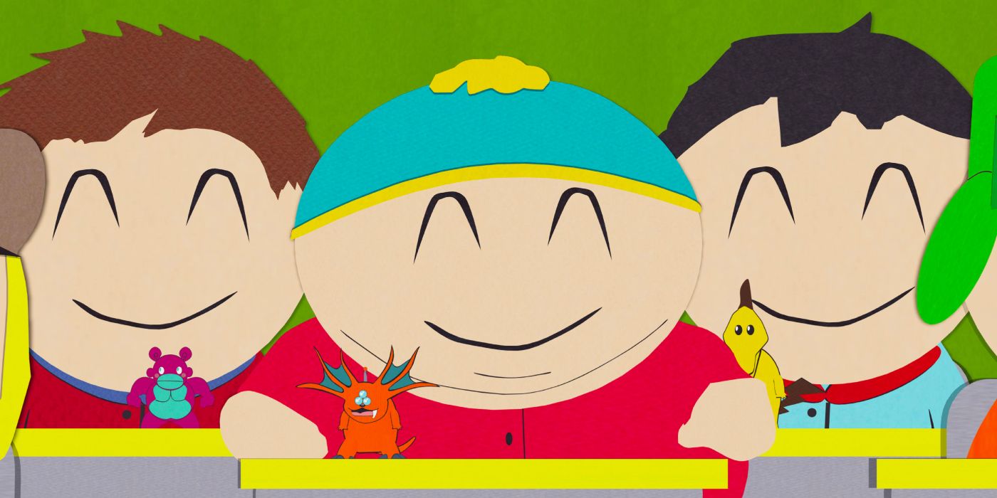 Eric Cartman and his classmates have Japanese anime-style smiles as they play with their Chinpokomon toys.