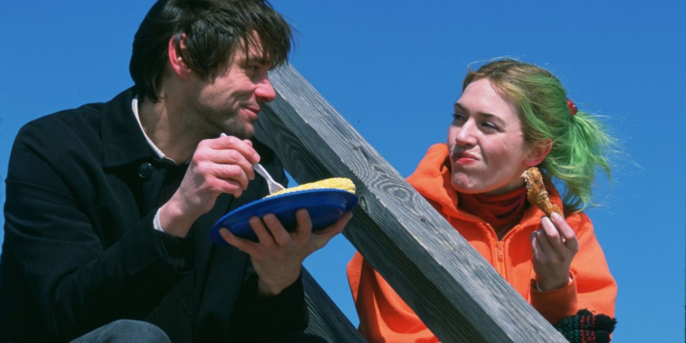 Clem and Joel (Kate Winslet & Jim Carrey) eating on a staircase in Eternal Sunshine of the Spotless Mind.