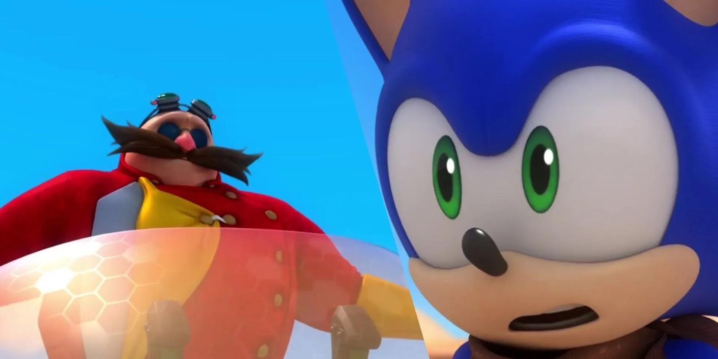 Close-up shot of Sonic looking shocked with Eggman floating behind him in Sonic Boom