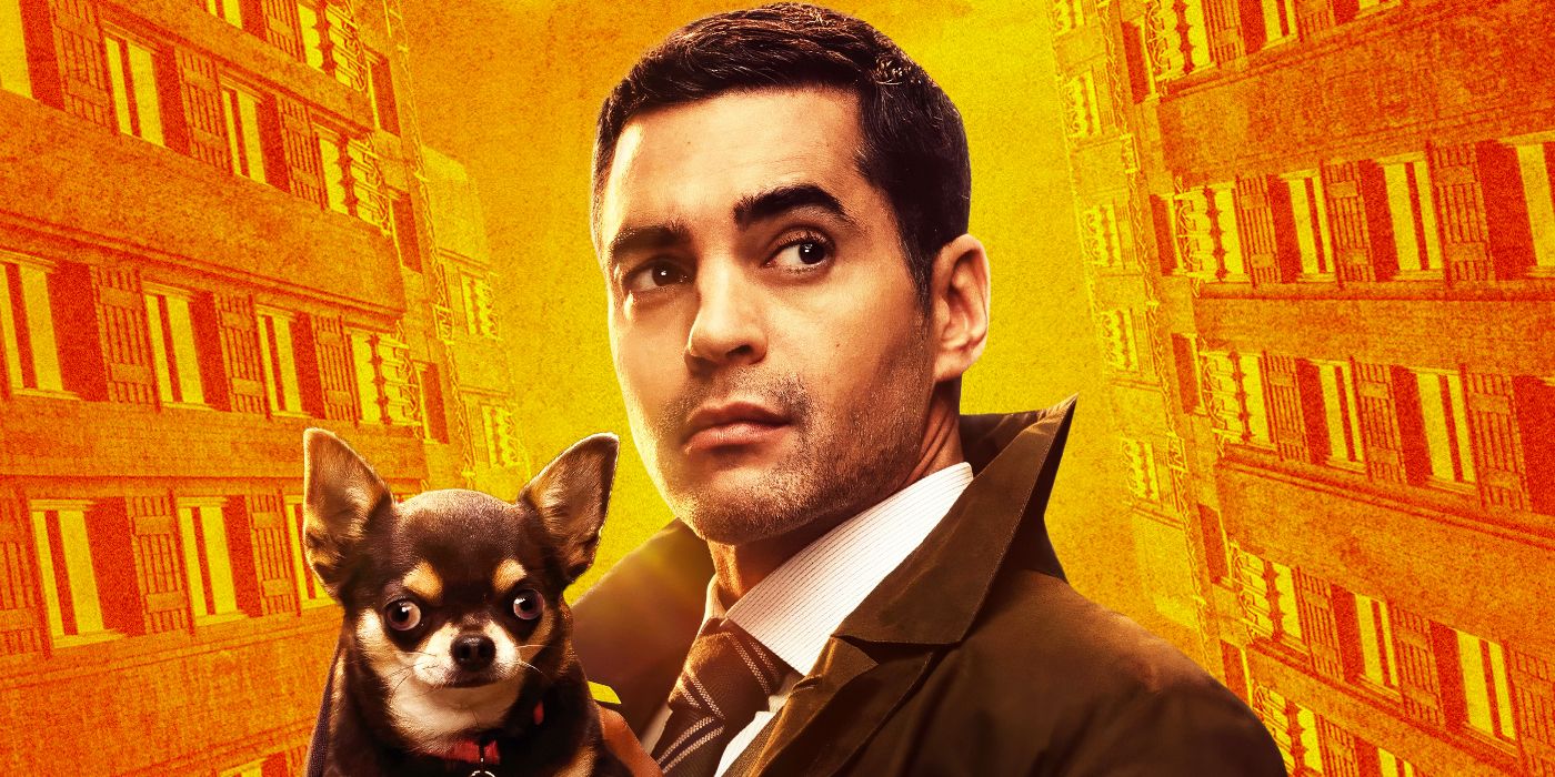 A custom image of Ramon Rodriguez holding a dog as Will Trent against an orange background