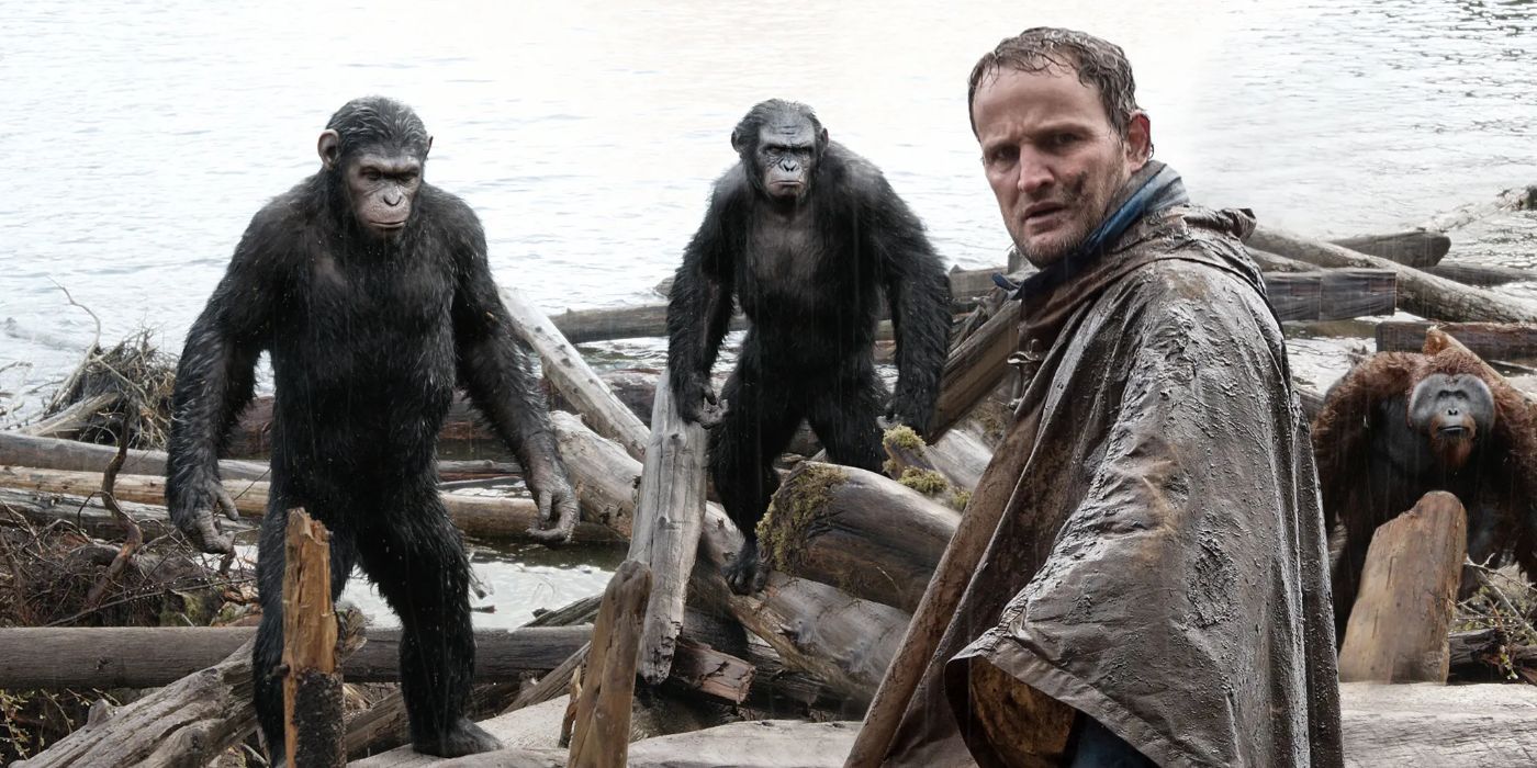 Andy Serkis, Toby Kebbell &amp; Jason Clarke stand near a lake in Dawn of the Planet of the Apes