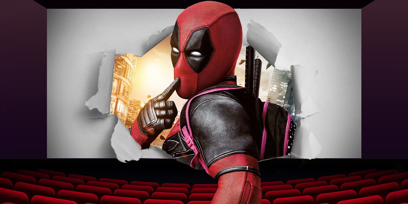 Blended image showing Deadpool coming out of a large movie screen.