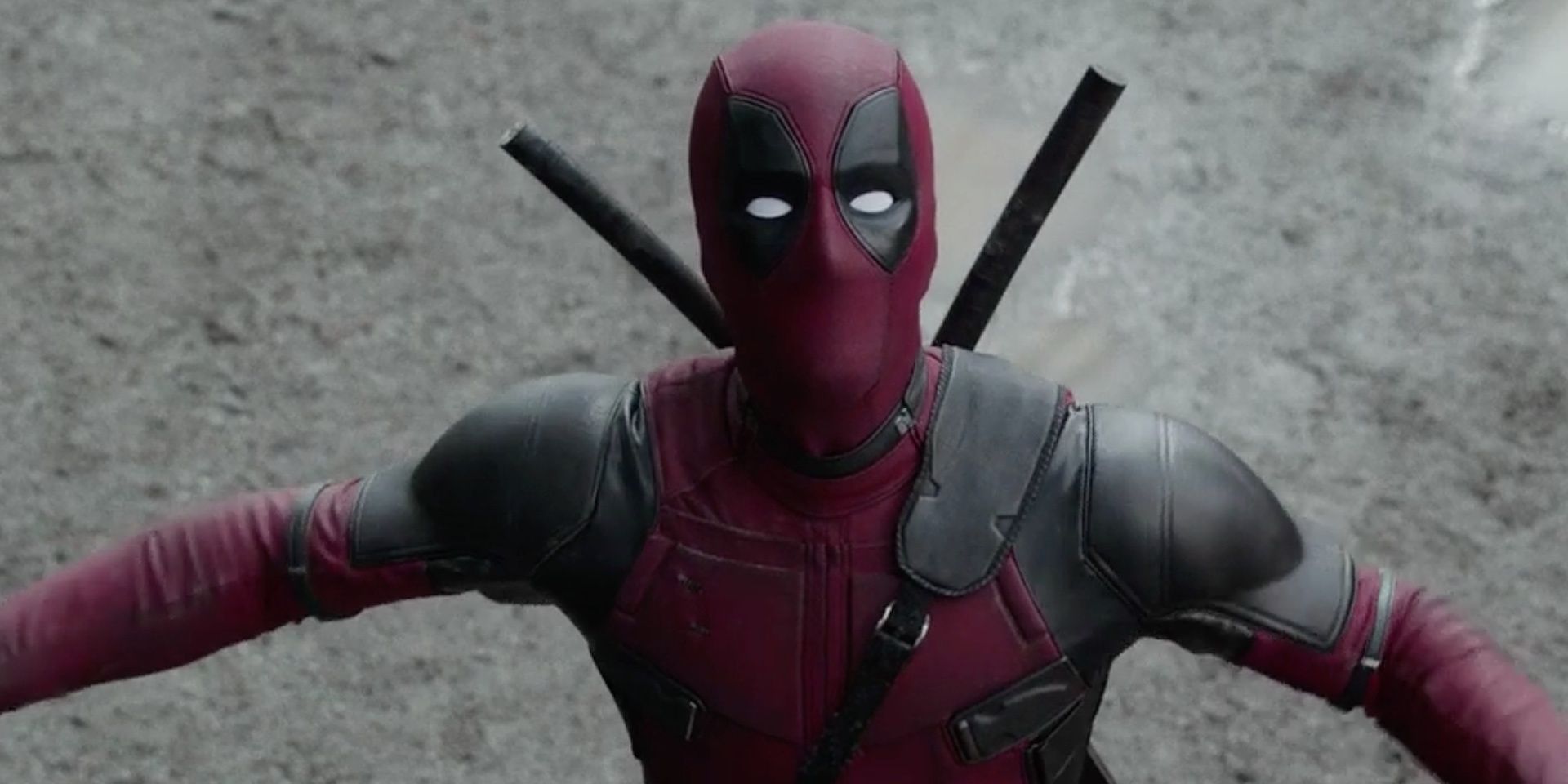 Deadpool looking up at the camera in Deadpool.