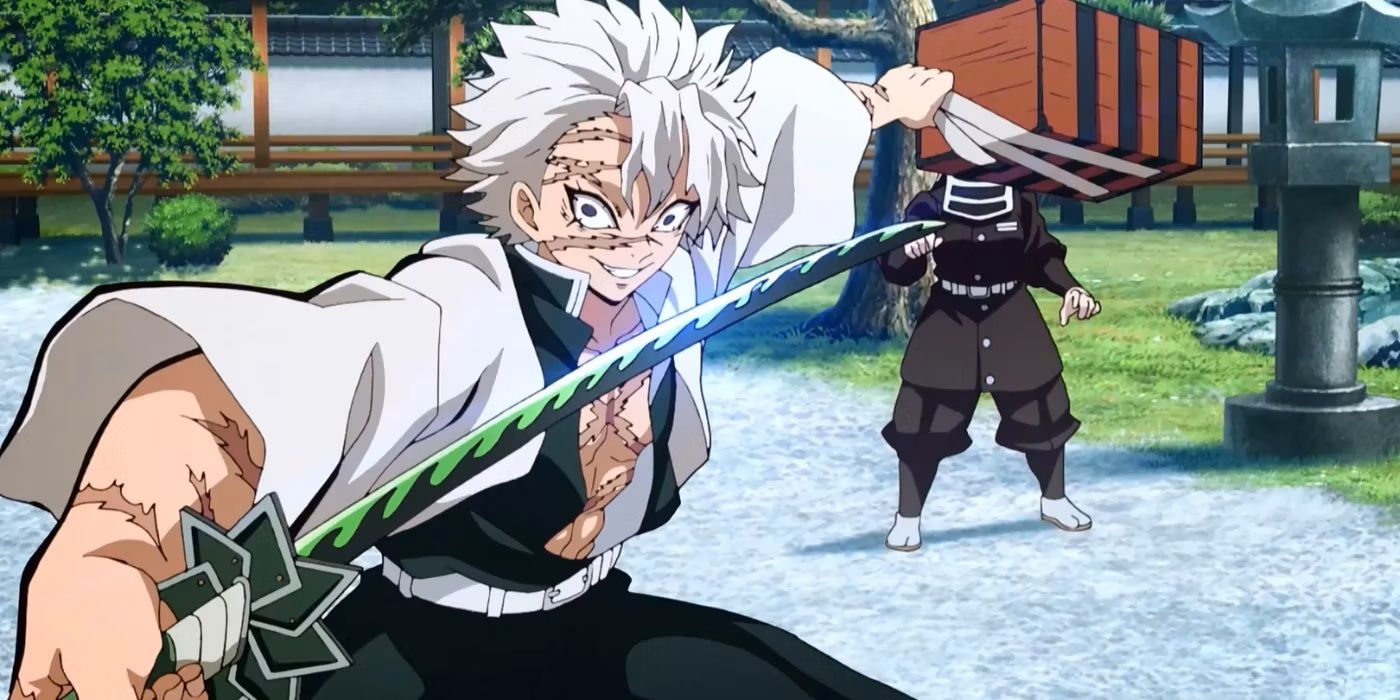 Shinazugawasanemi from Demon Slayer: Kimetsu no Yaiba holding a green pillar sword