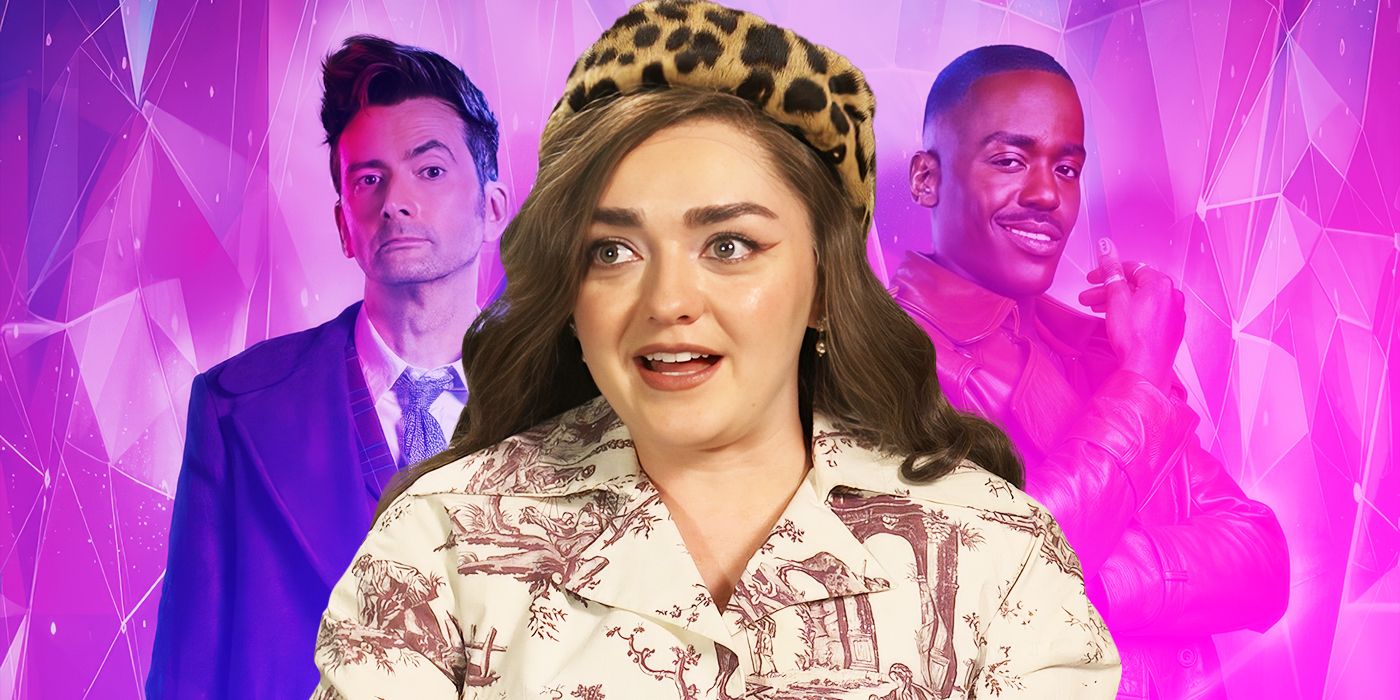 Maisie Williams in front of a composite image of David Tennant and Ncuti Gatwa in Doctor Who