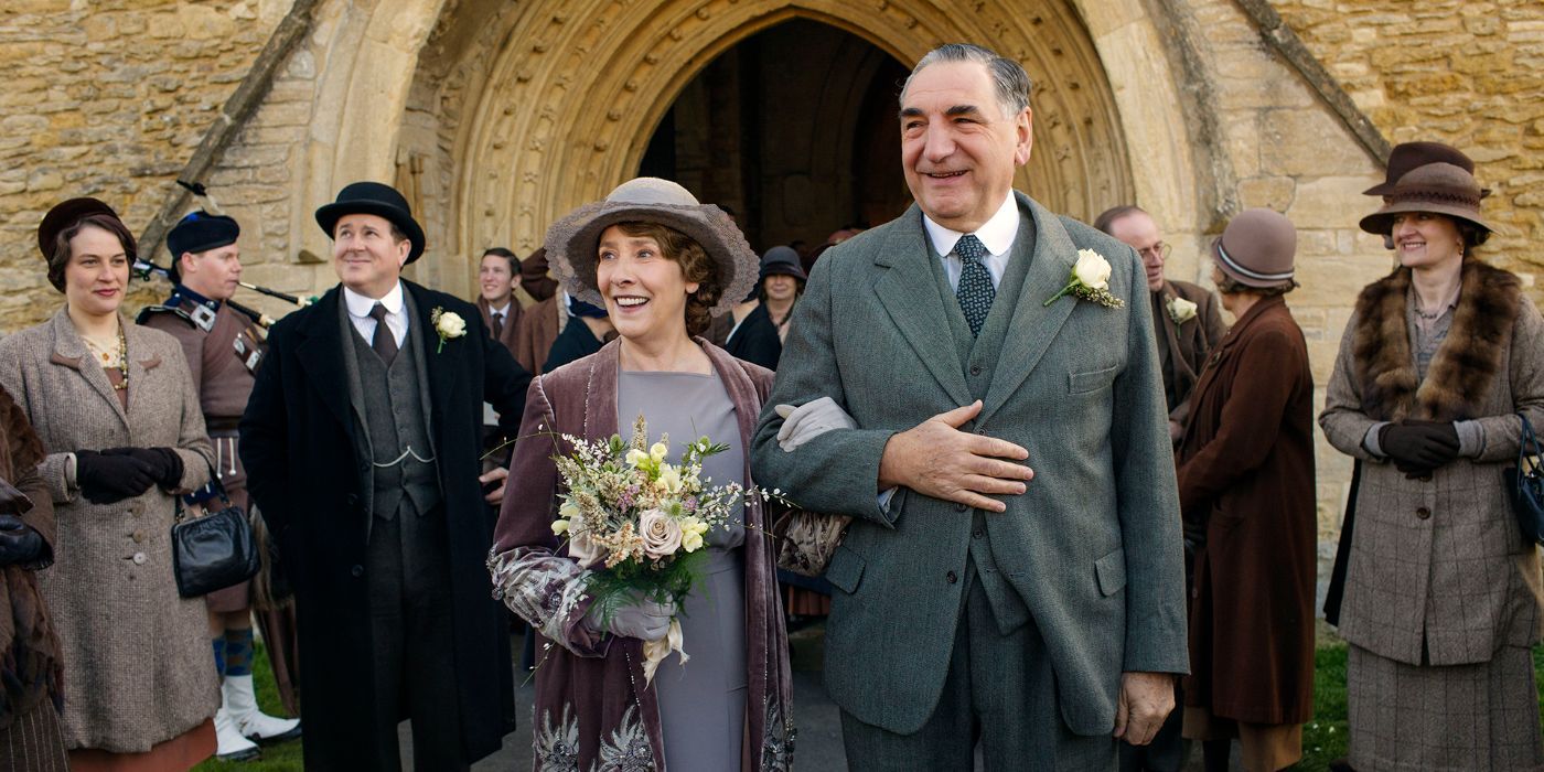 Mrs. Hughes, played by Phyllis Logan, and Mr. Carson, played by Jim Carter, at their wedding in Downton Abbey Season 6, Episode 3.