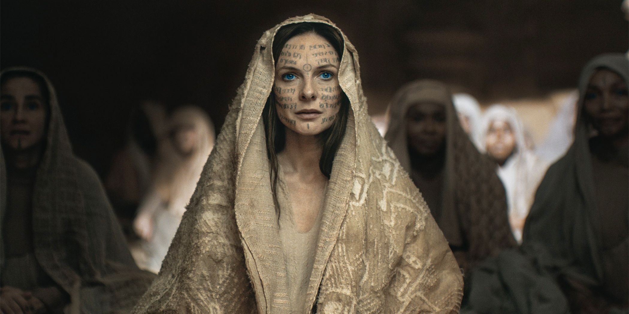 Rebecca Ferguson with script on her face as Lady Jessica in Dune: Part Two