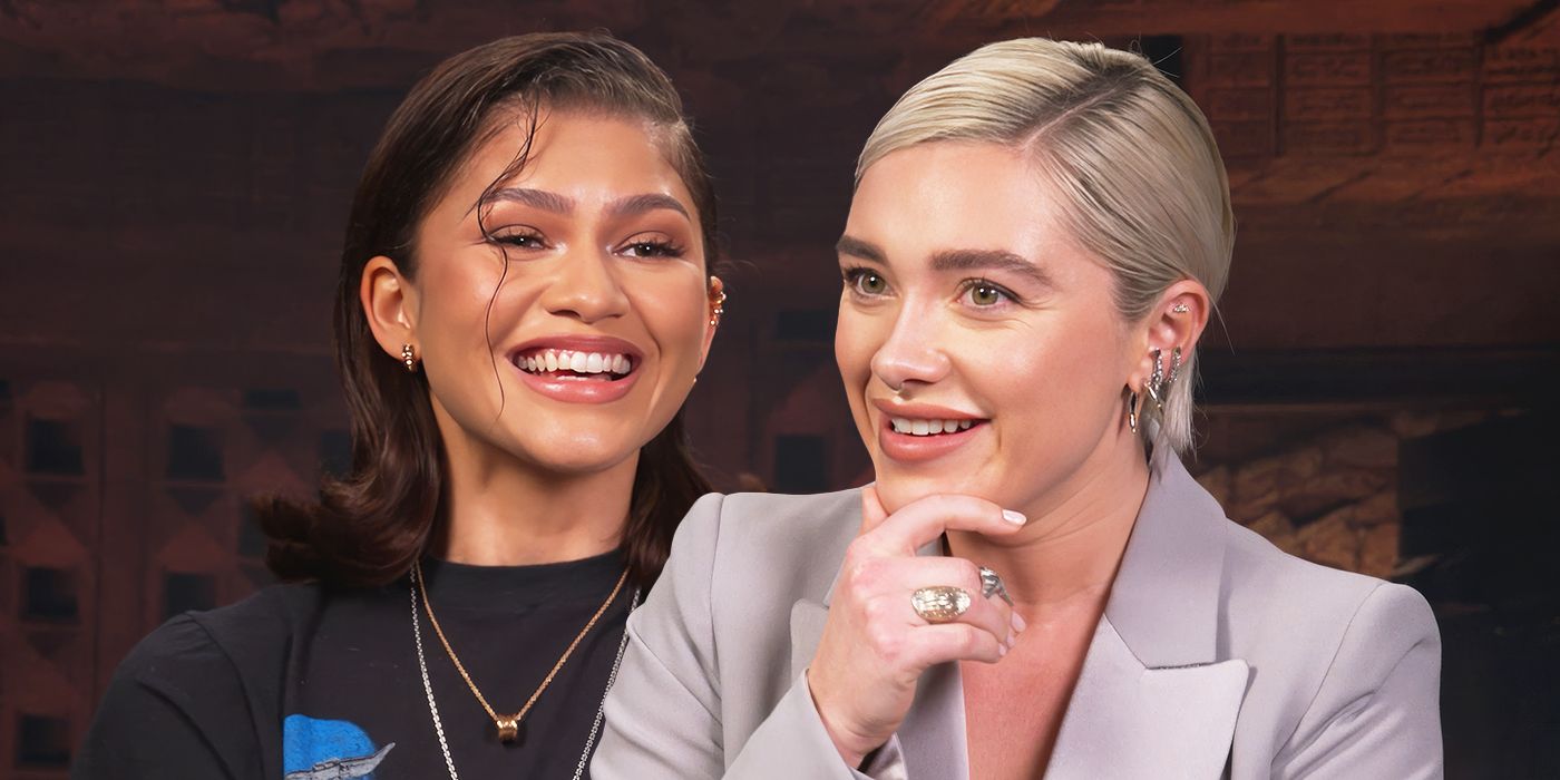 Custom image of Zendaya and Florence Pugh smiling while promoting Dune: Part 2 in an interview