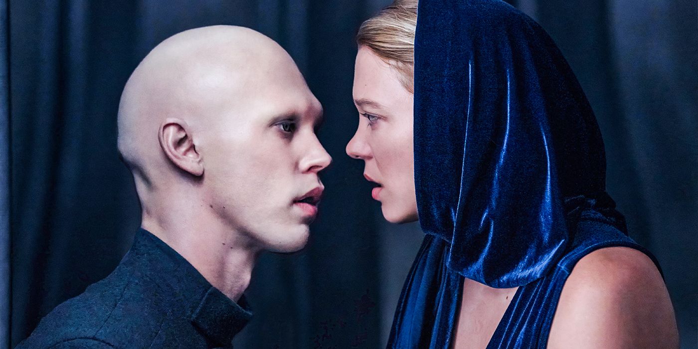 Austin Butler speaking closely with Léa Seydoux in Dune: Part Two