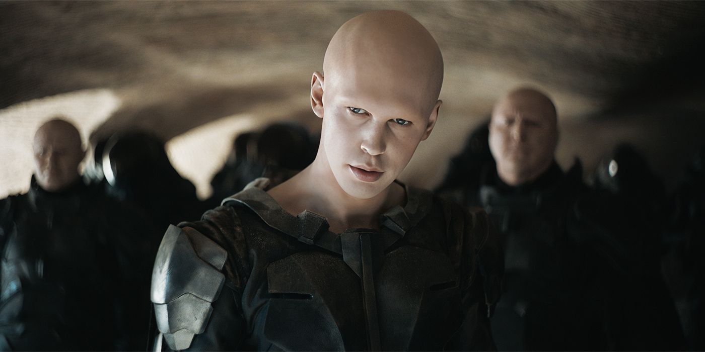 close-up of Austin Butler, as bald Feyd-Rautha Harkonnen in Dune: Part Two