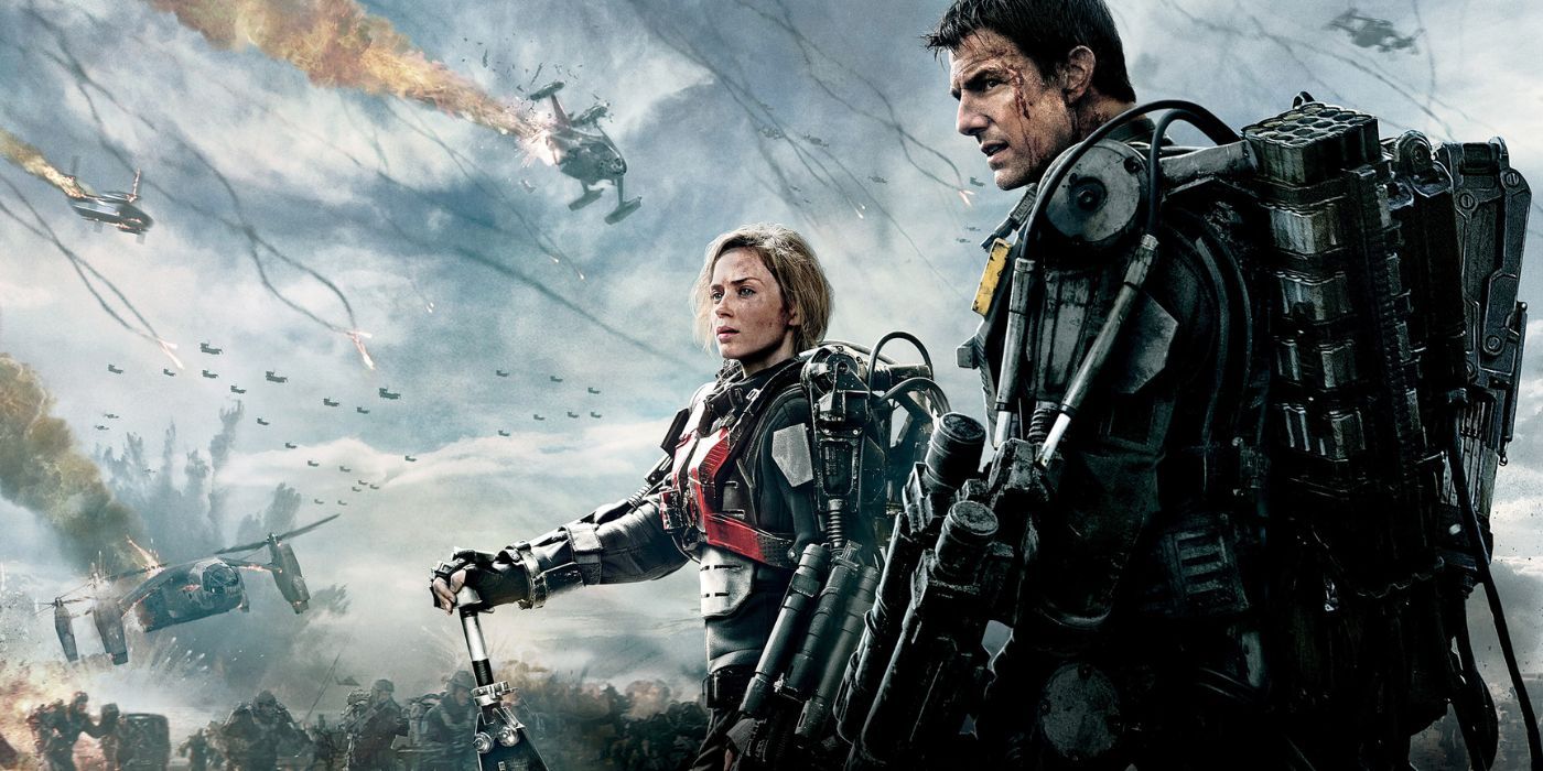 promotional image for 'Edge of Tomorrow' featuring Tom Cruise and Emily Blunt in front of battle chaos