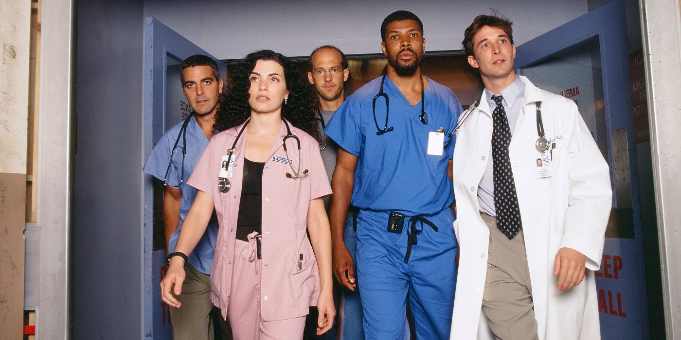 George Clooney, Anthony Edwards, Noah Wyle, Julianna Marguilies, and Eriq La Salle in a Season 4 promo for ER