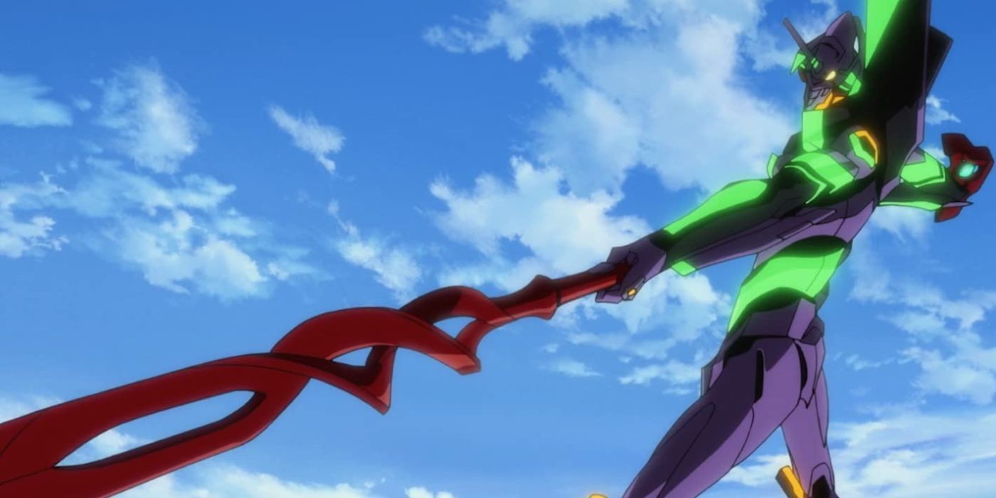 Evangelion Unit 1 holding a spear ready for battle in Evangelion Thrice Upon A Time